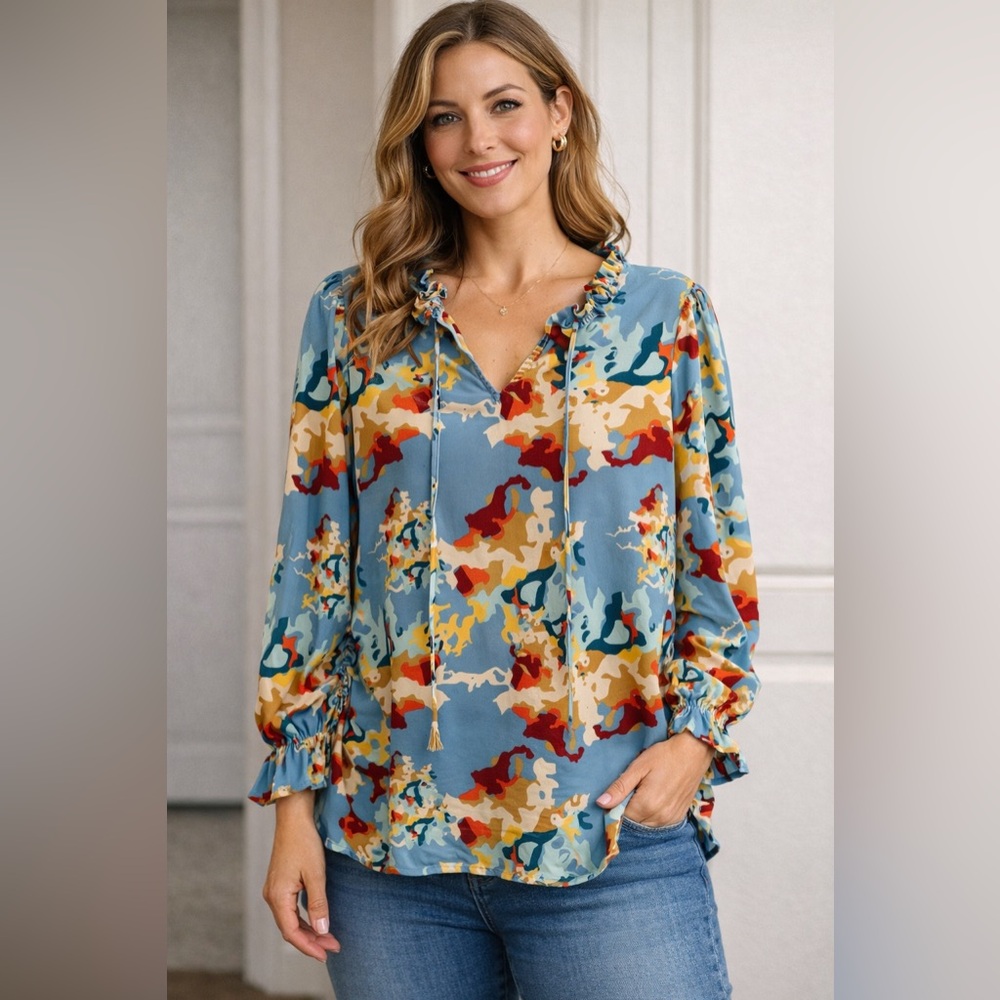 Jodifl long-sleeve blouse V-neck and a colorful abstract style print size M EUC
